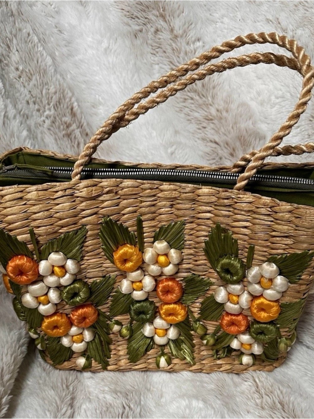 Handwoven Floral Straw Hobo Bag - Green, Orange & Cream